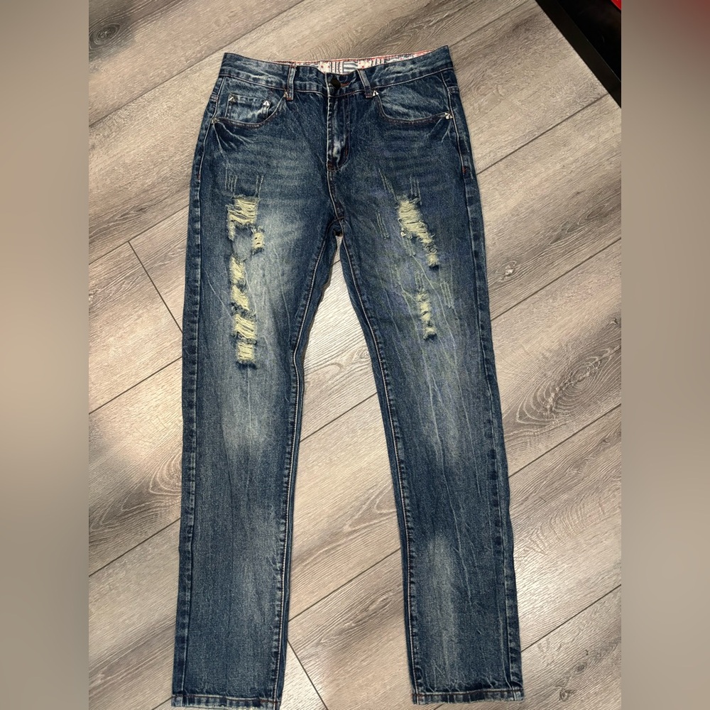 Y2K distressed studded slim straight jeans